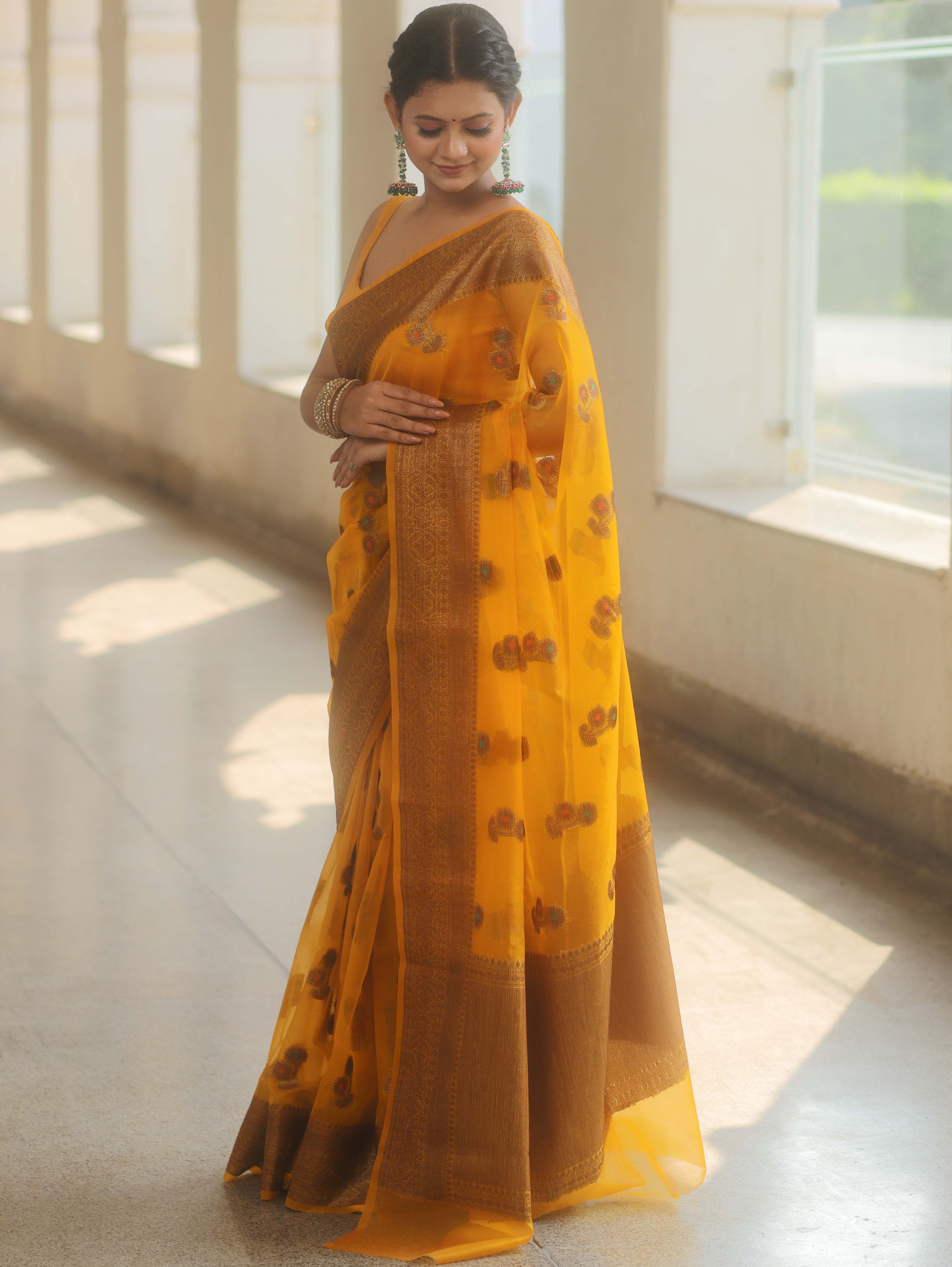 Banarasee Organza Saree With Antique Zari Buta Design-Yellow