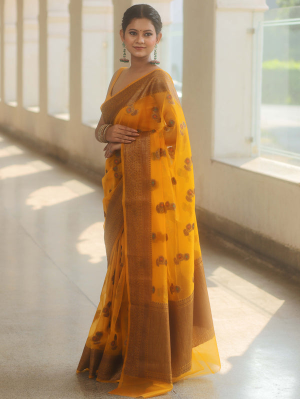 Banarasee Organza Saree With Antique Zari Buta Design-Yellow