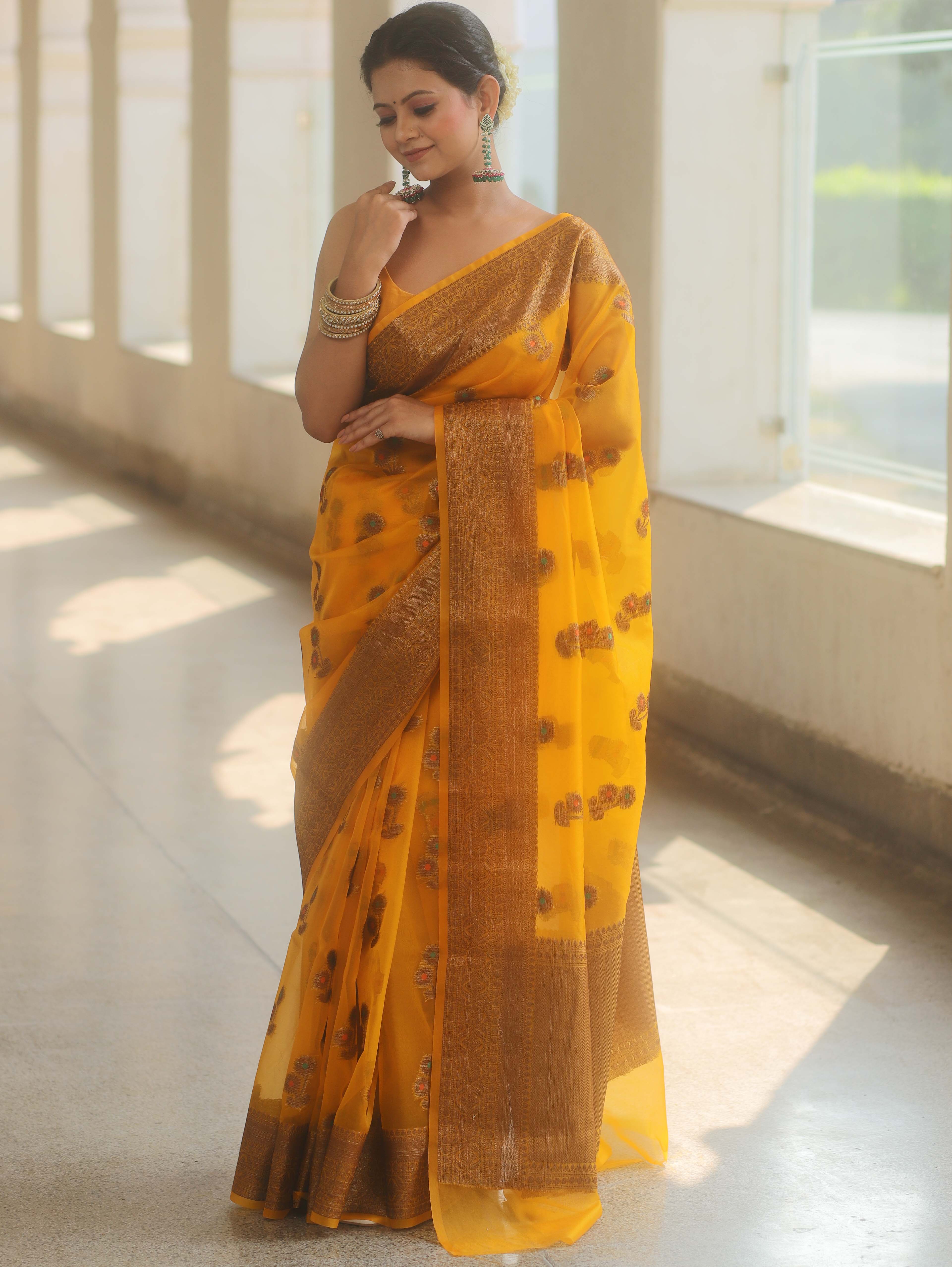 Banarasee Organza Saree With Antique Zari Buta Design-Yellow