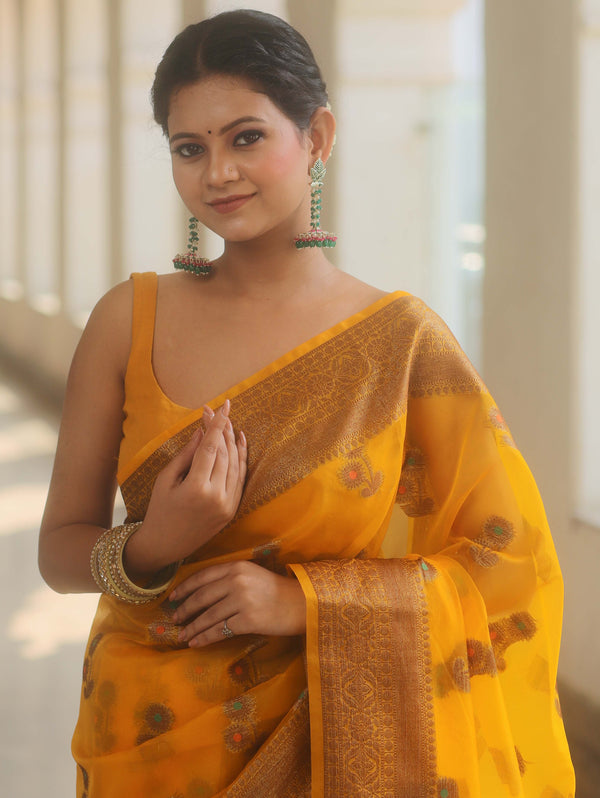 Banarasee Organza Saree With Antique Zari Buta Design-Yellow