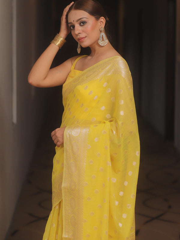 Banarasee Cotton Silk Zari Border & Buti Saree-Yellow