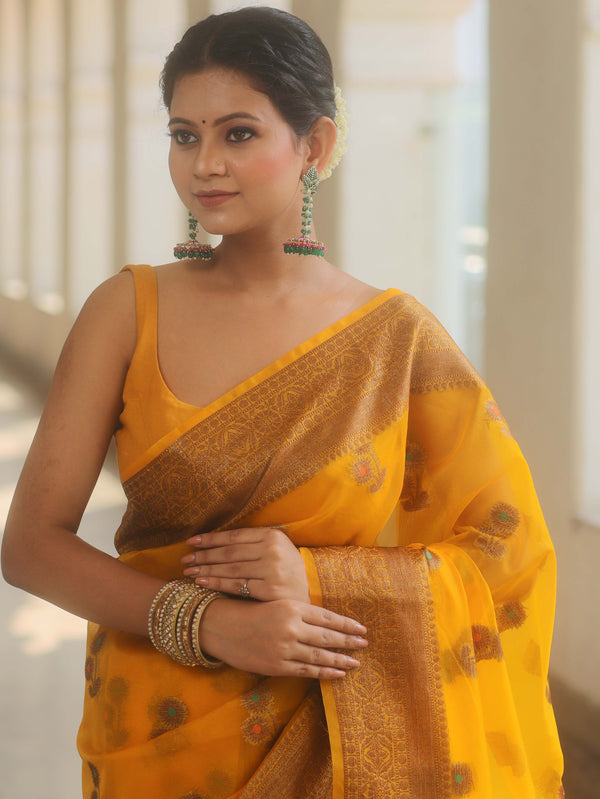 Banarasee Organza Saree With Antique Zari Buta Design-Yellow