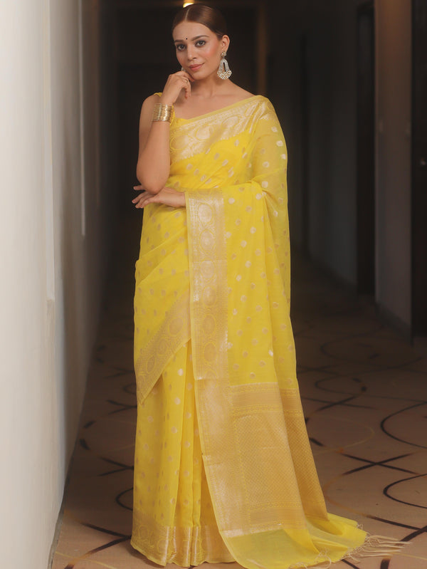 Banarasee Cotton Silk Zari Border & Buti Saree-Yellow