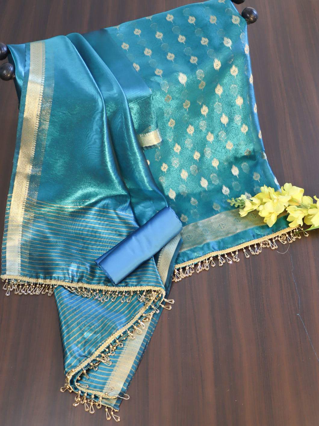 Banarasee Tissue Salwar Kameez Fabric With Plain Dupatta Set-Teal Blue