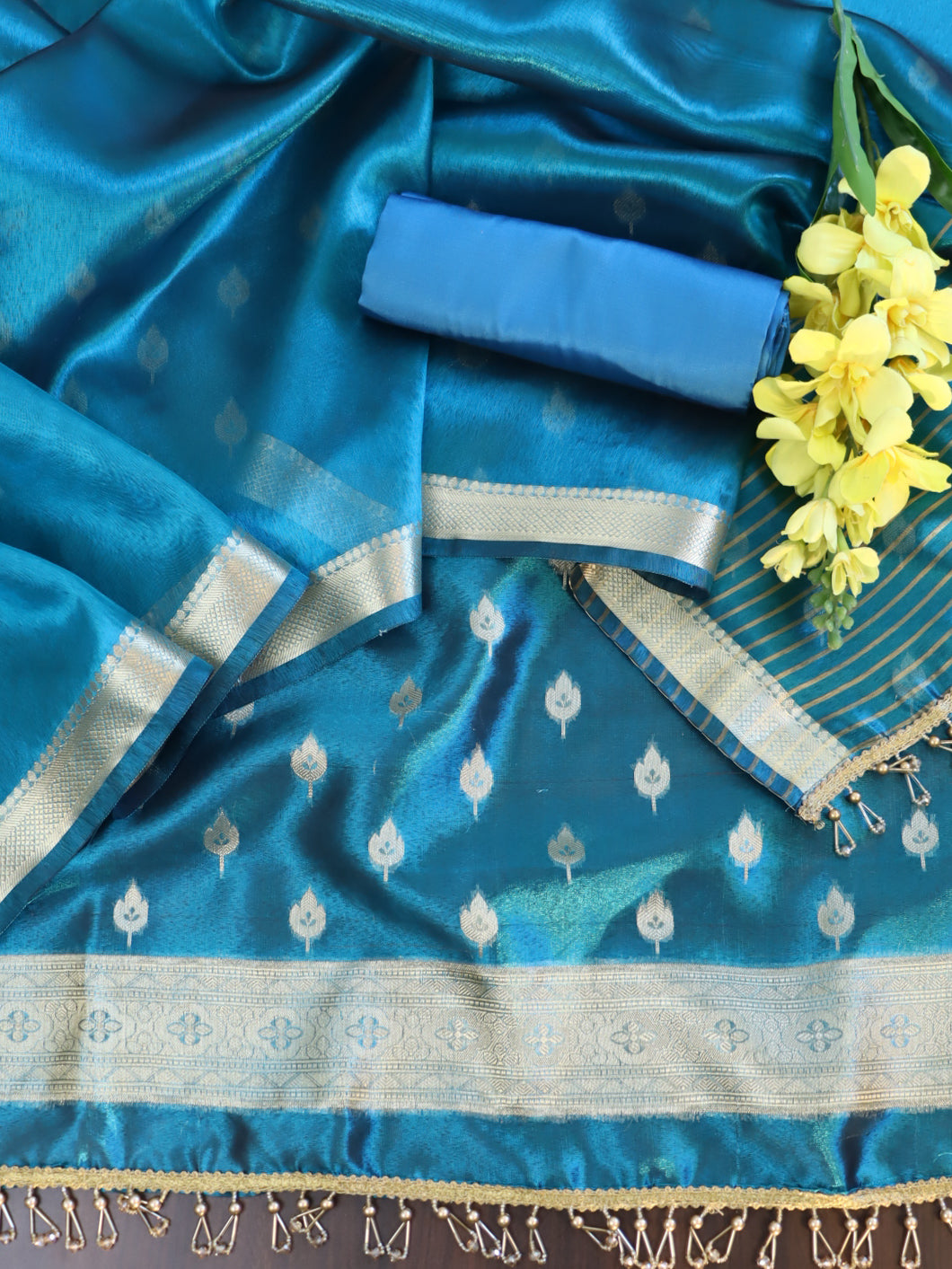 Banarasee Tissue Salwar Kameez Fabric With Plain Dupatta Set-Teal Blue