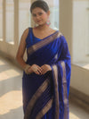 Banarasee Handwoven Semi Silk Plain Saree With Zari Border-Royal Blue