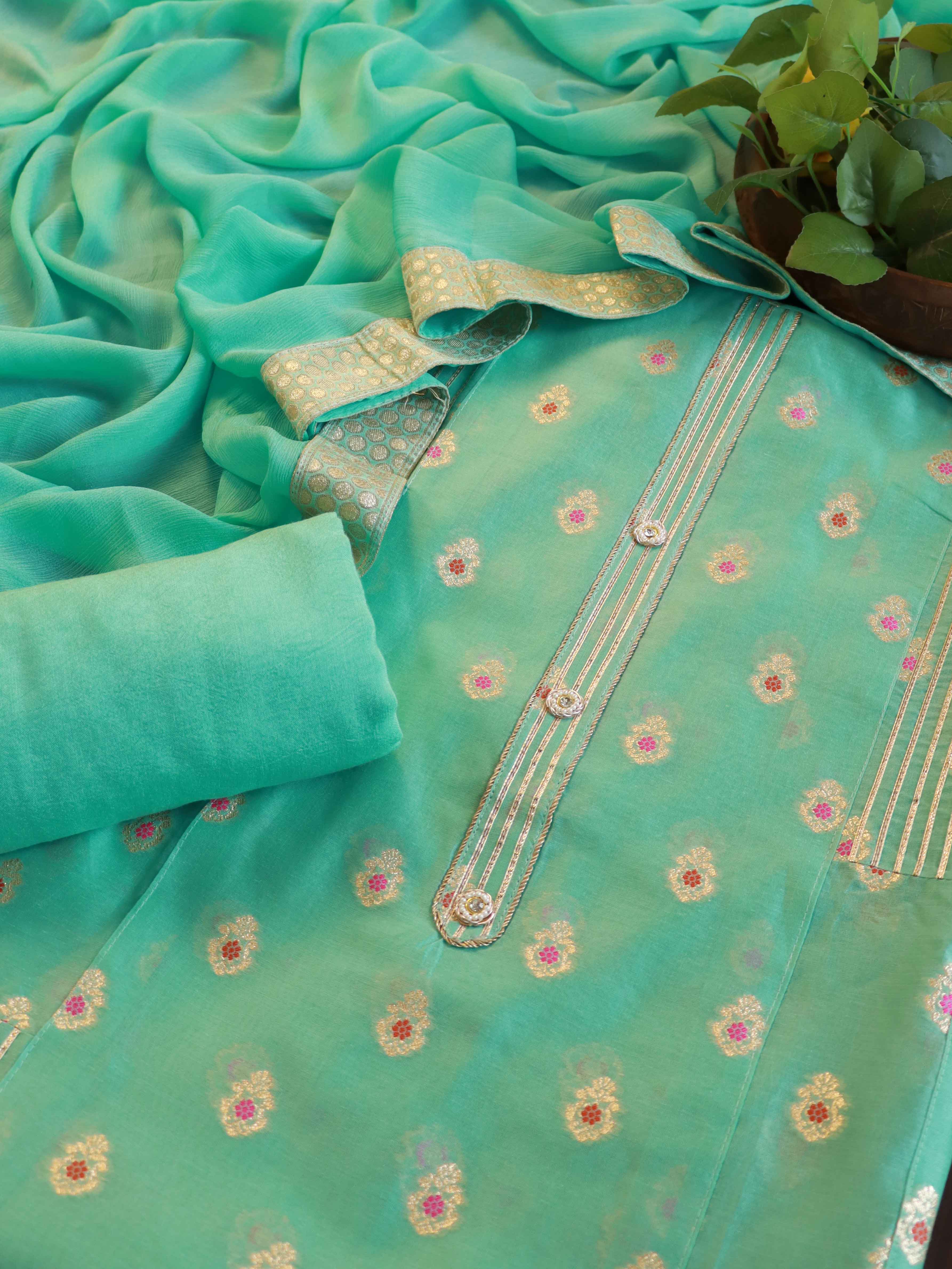 Banarasee Handloom Chanderi Zari Work Salwar Kameez With Chiffon Dupatta Set-Sea Green