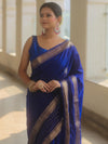 Banarasee Handwoven Semi Silk Plain Saree With Zari Border-Royal Blue