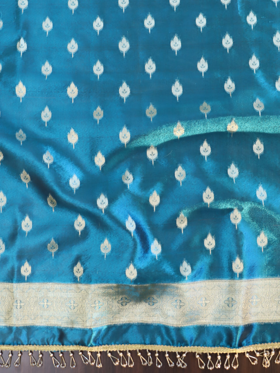 Banarasee Tissue Salwar Kameez Fabric With Plain Dupatta Set-Teal Blue