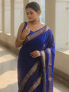 Banarasee Handwoven Semi Silk Plain Saree With Zari Border-Royal Blue