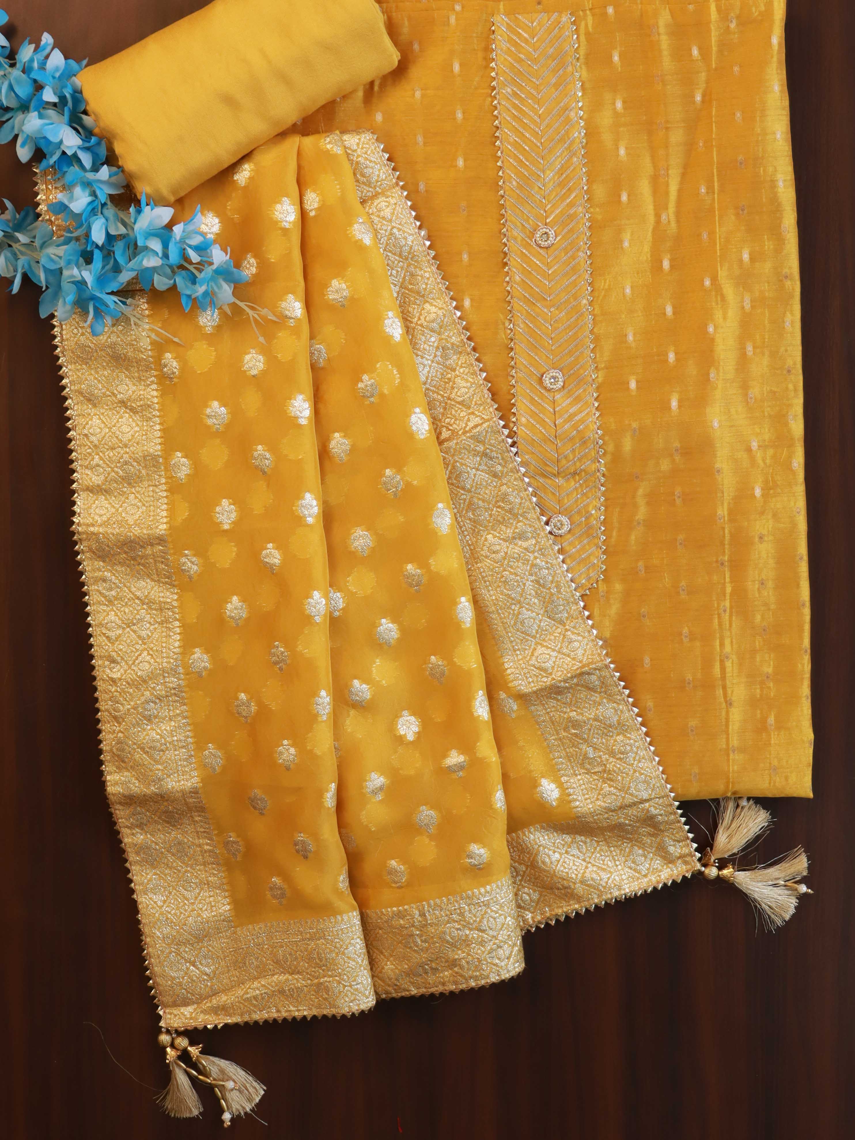 Banarasee Handloom Chanderi Zari Work Salwar Kameez Dupatta Set-Mustard Yellow