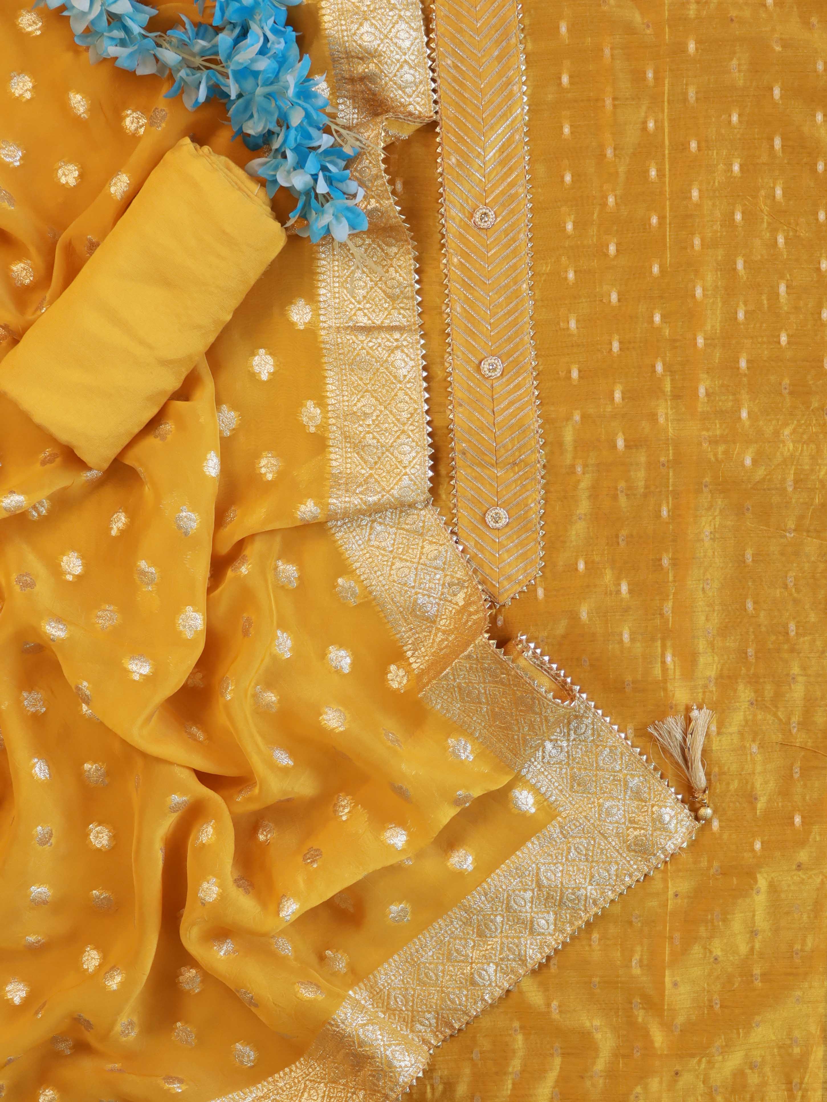 Banarasee Handloom Chanderi Zari Work Salwar Kameez Dupatta Set-Mustard Yellow