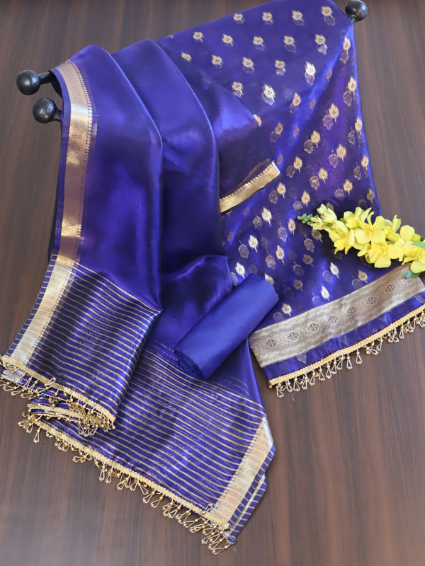 Banarasee Tissue Salwar Kameez Fabric With Plain Dupatta Set-Royal Blue