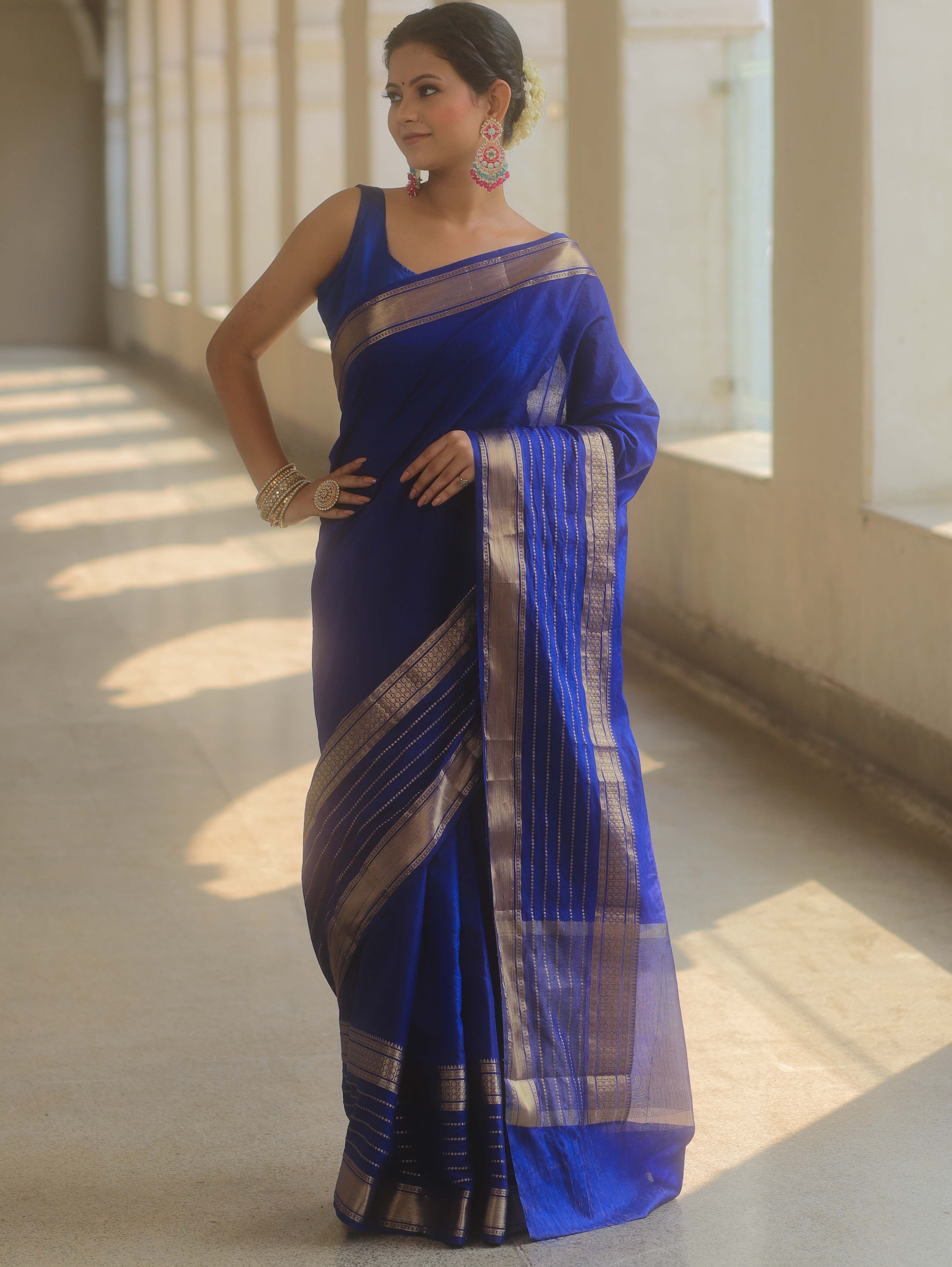 Banarasee Handwoven Semi Silk Plain Saree With Zari Border-Royal Blue