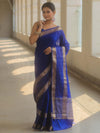 Banarasee Handwoven Semi Silk Plain Saree With Zari Border-Royal Blue