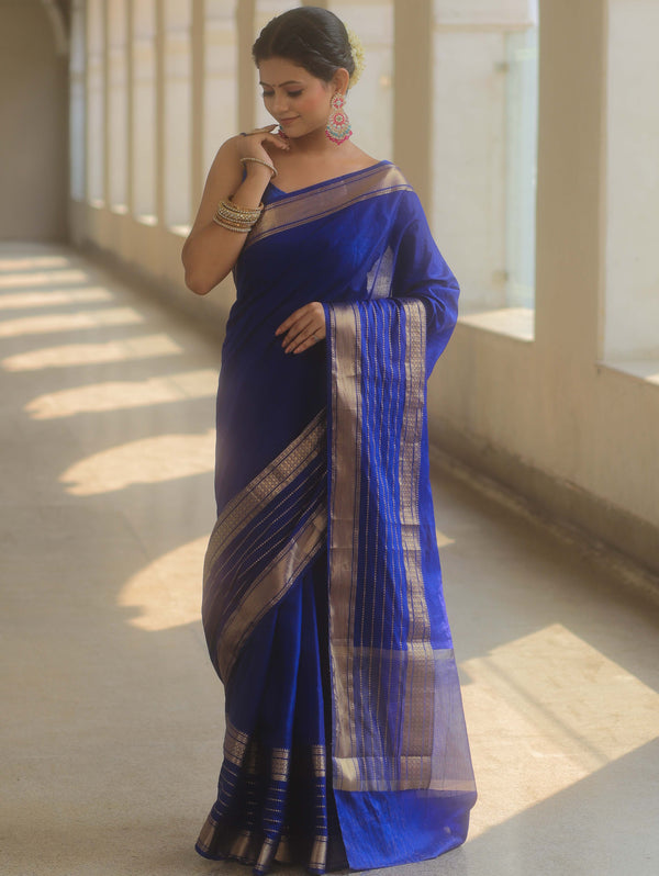 Banarasee Handwoven Semi Silk Plain Saree With Zari Border-Royal Blue