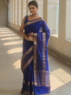 Banarasee Handwoven Semi Silk Plain Saree With Zari Border-Royal Blue