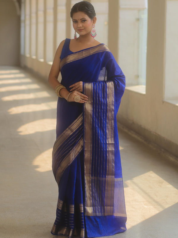 Banarasee Handwoven Semi Silk Plain Saree With Zari Border-Royal Blue