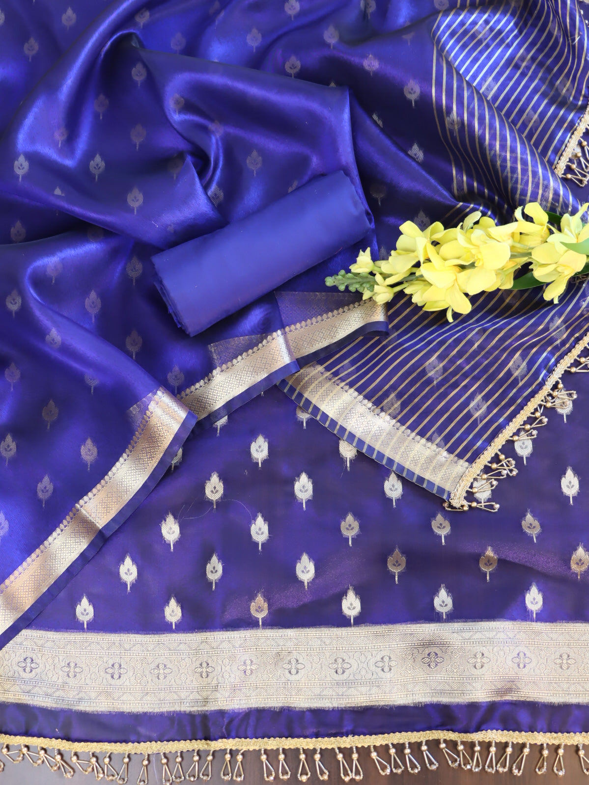 Banarasee Tissue Salwar Kameez Fabric With Plain Dupatta Set-Royal Blue