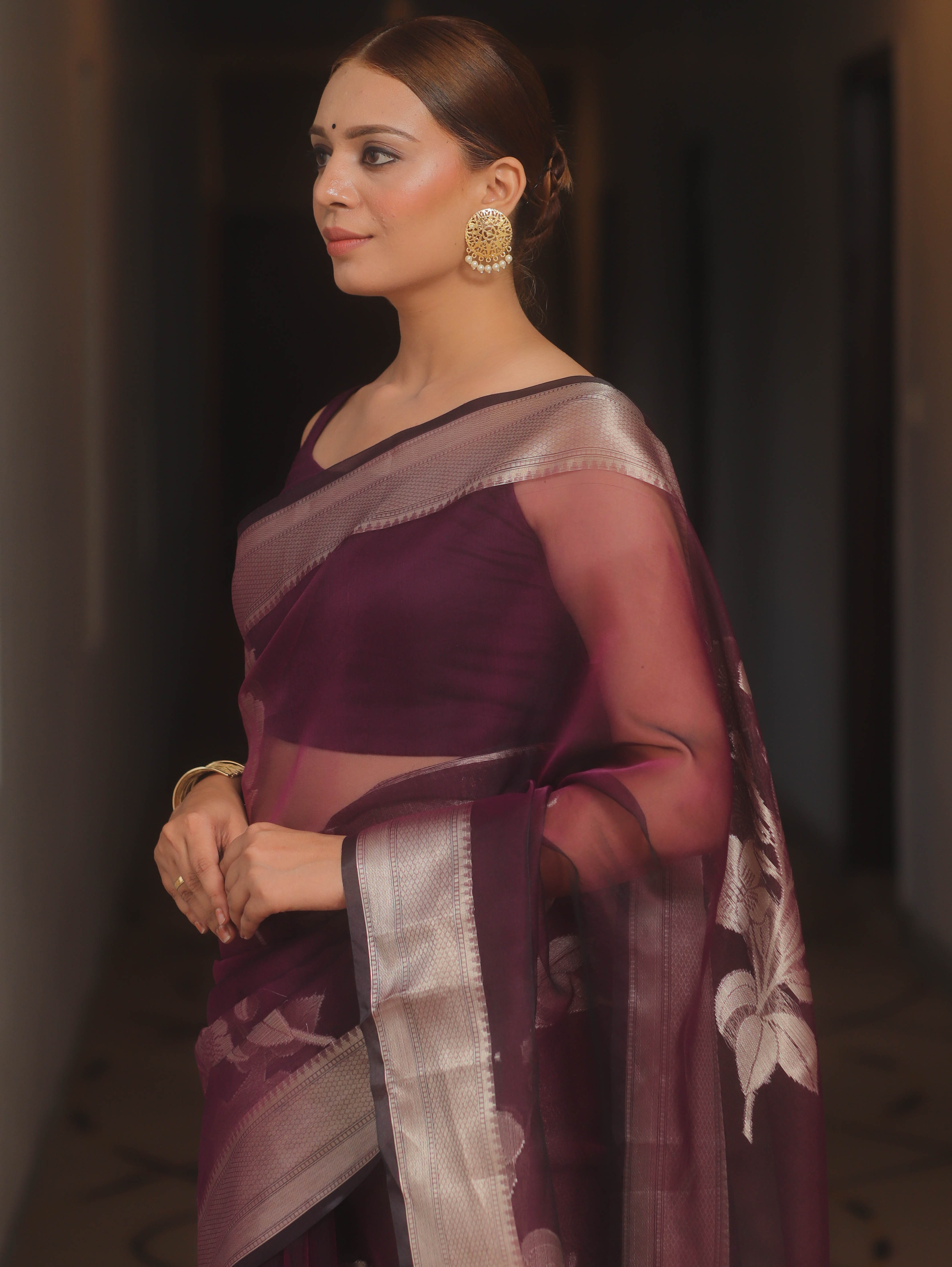 Banarasee Organza Mix Saree With Zari Flower Buta Design-Violet