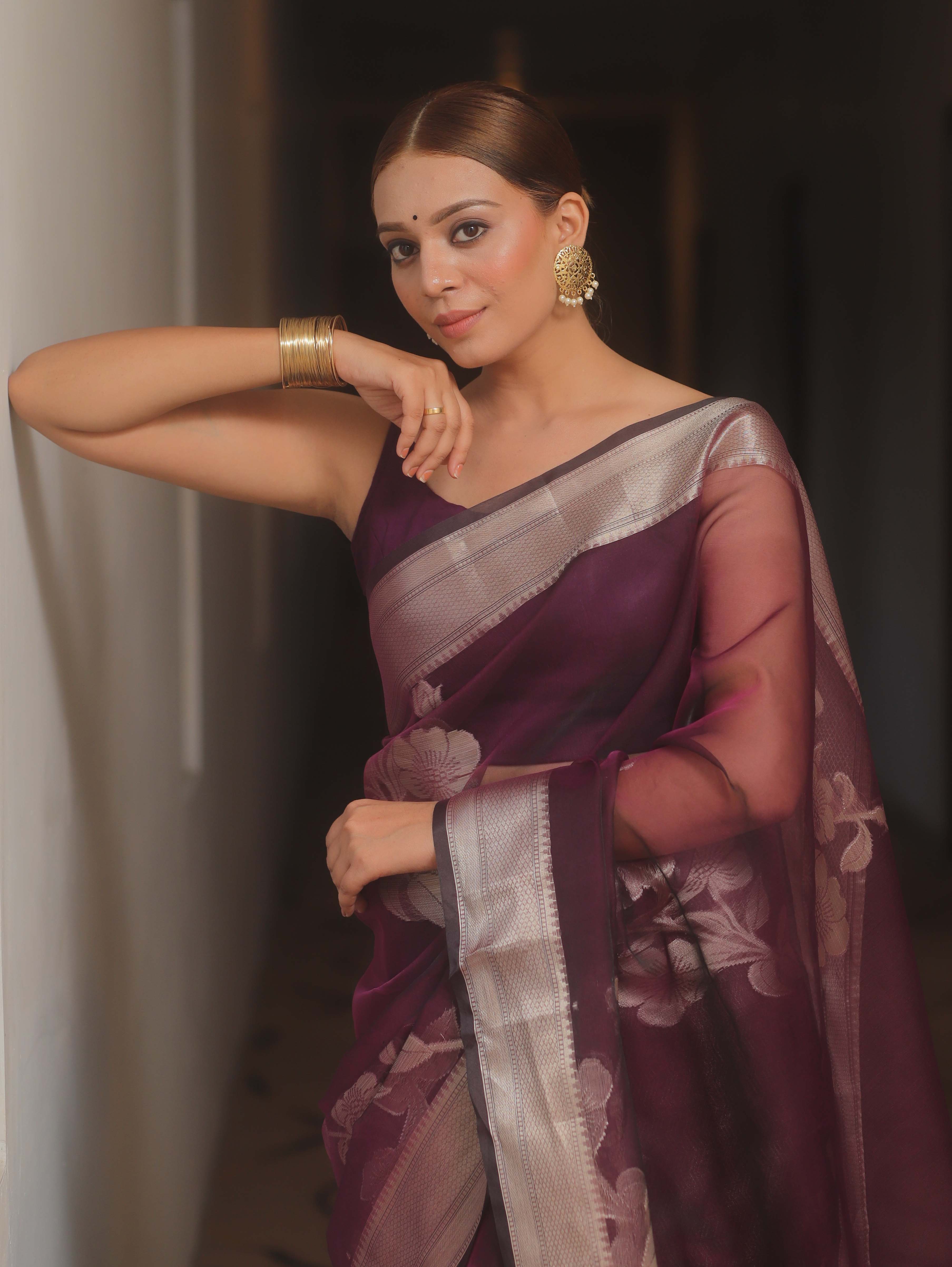 Banarasee Organza Mix Saree With Zari Flower Buta Design-Violet