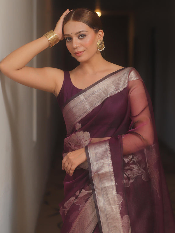 Banarasee Organza Mix Saree With Zari Flower Buta Design-Violet