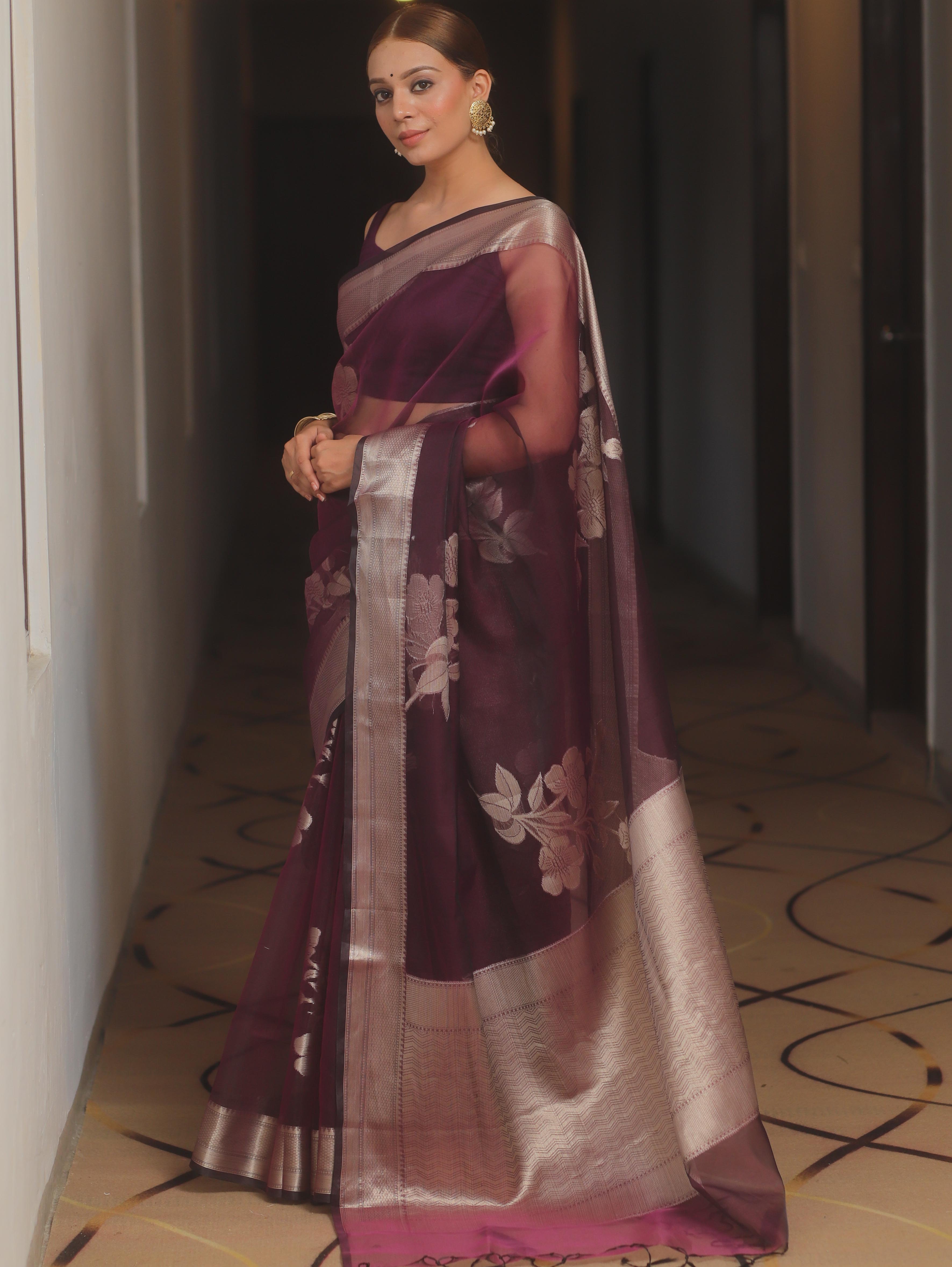 Banarasee Organza Mix Saree With Zari Flower Buta Design-Violet