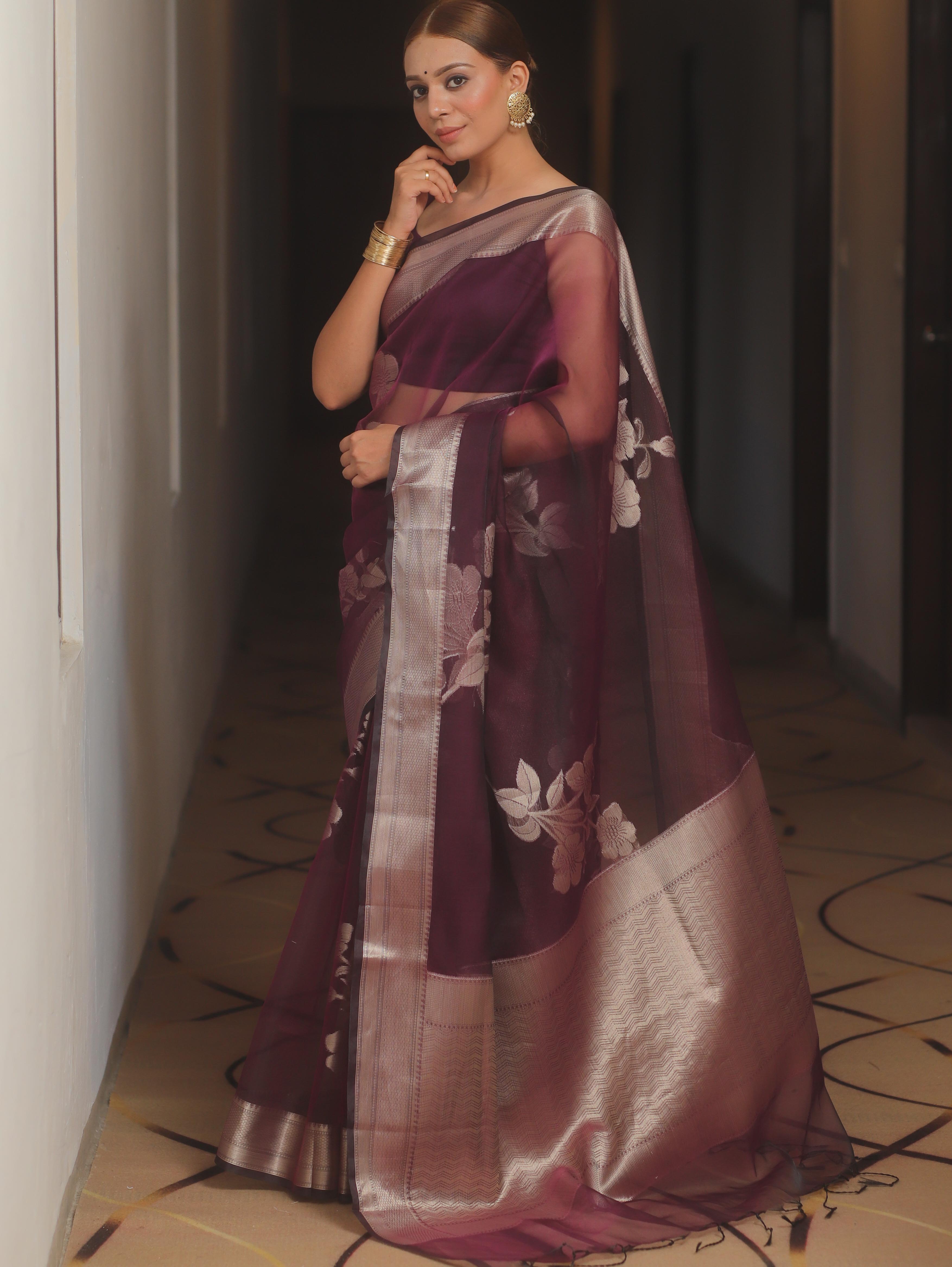 Banarasee Organza Mix Saree With Zari Flower Buta Design-Violet