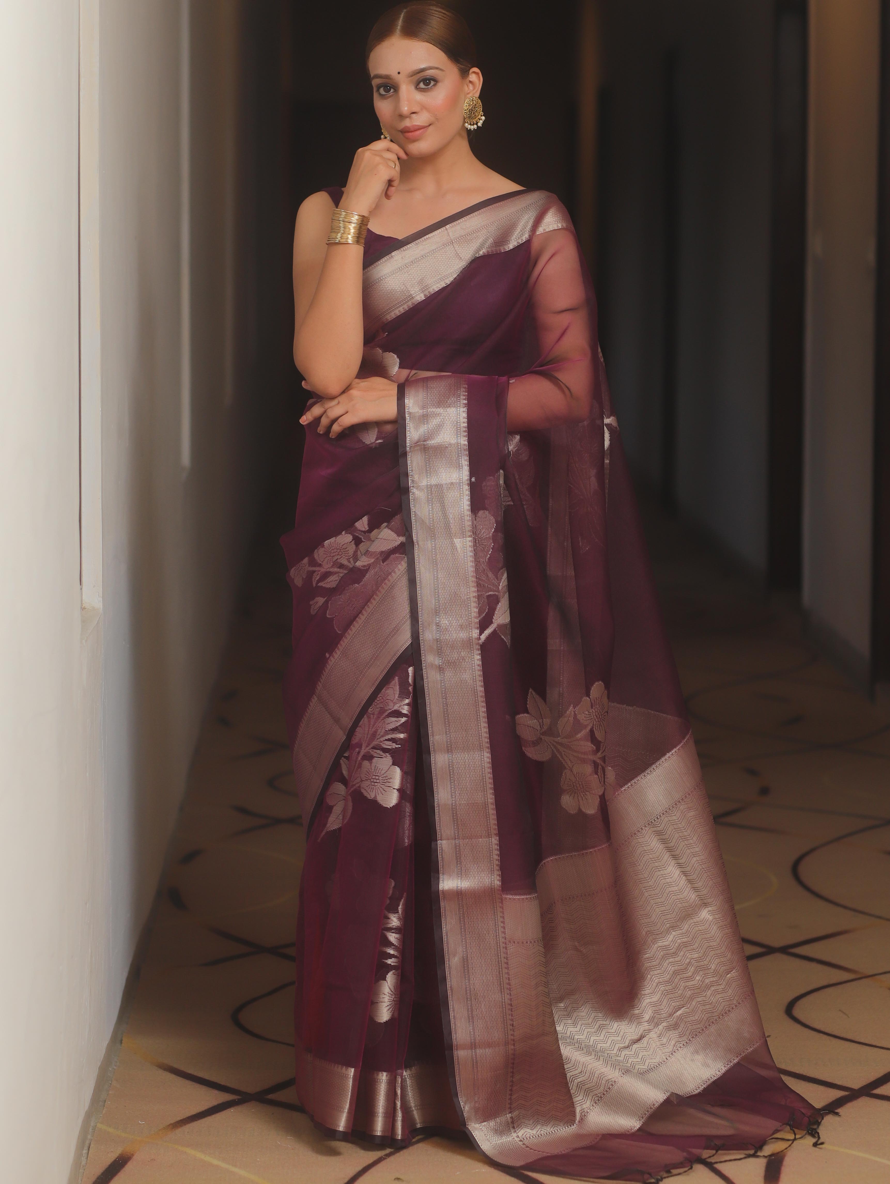 Banarasee Organza Mix Saree With Zari Flower Buta Design-Violet