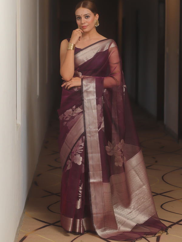 Banarasee Organza Mix Saree With Zari Flower Buta Design-Violet