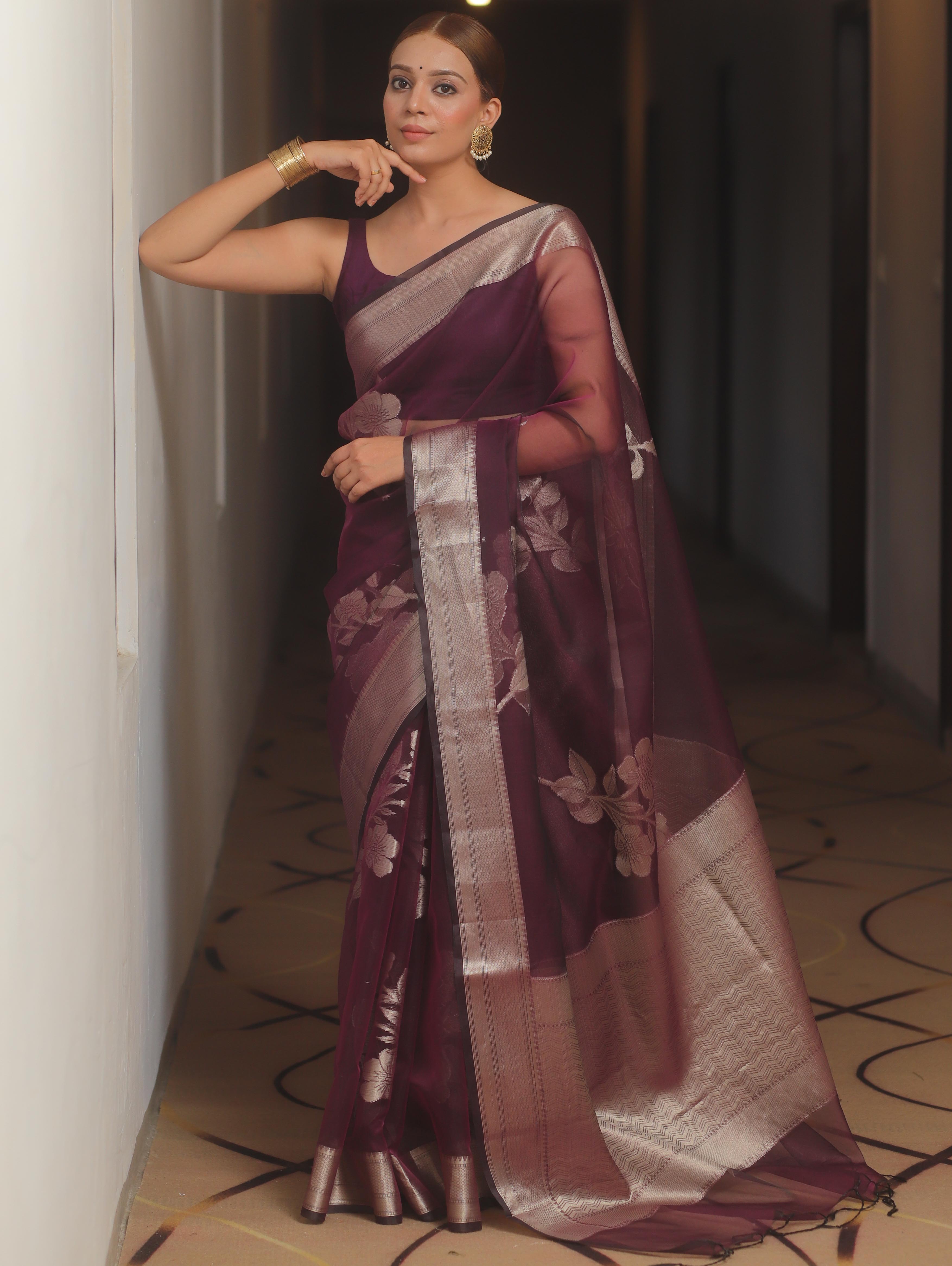 Banarasee Organza Mix Saree With Zari Flower Buta Design-Violet