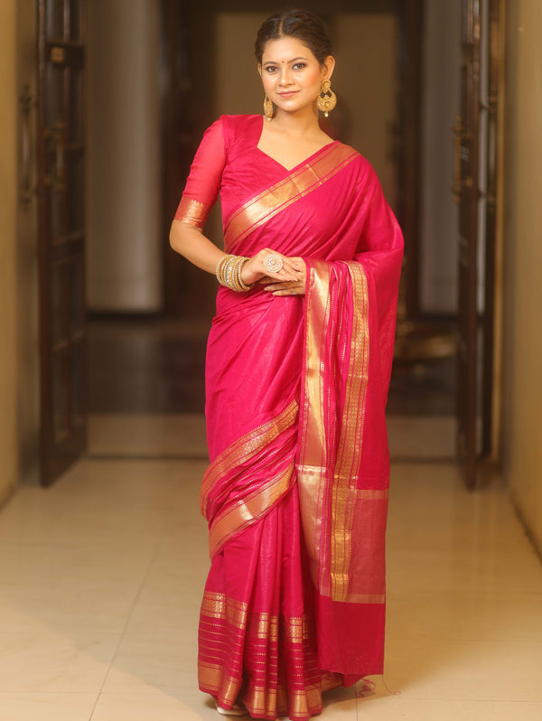 Banarasee Handwoven Semi Silk Plain Saree With Zari Border-Pink