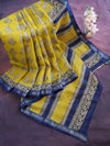 Handloom Maheshwari Silk Bagru Block Printed Saree-Yellow & Blue