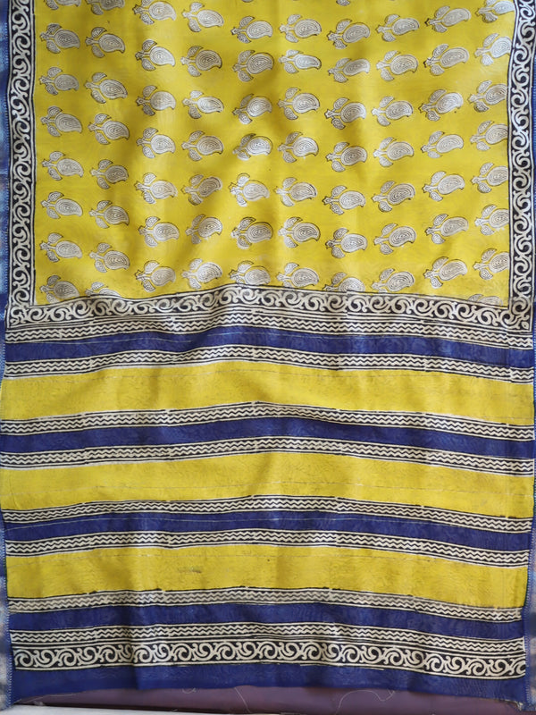 Handloom Maheshwari Silk Bagru Block Printed Saree-Yellow & Blue