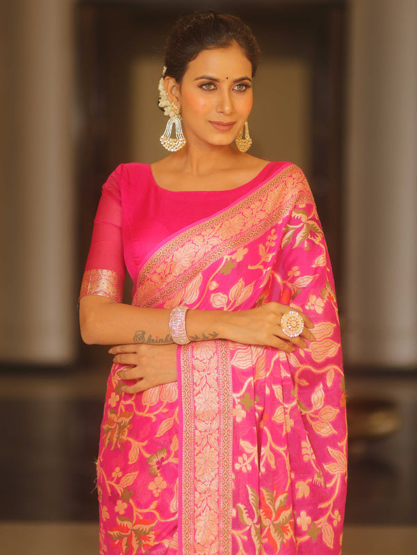 Banarasee Pure Chiffon Saree With Resham Zari Work-Pink