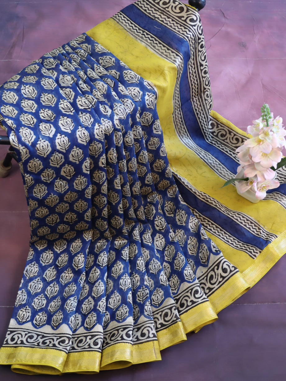 Handloom Maheshwari Silk Bagru Block Printed Saree-Blue & Yellow