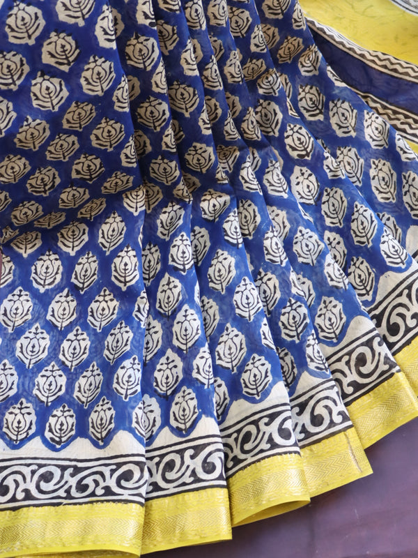 Handloom Maheshwari Silk Bagru Block Printed Saree-Blue & Yellow