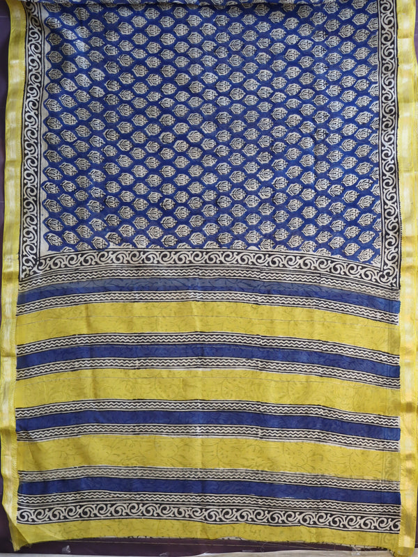 Handloom Maheshwari Silk Bagru Block Printed Saree-Blue & Yellow