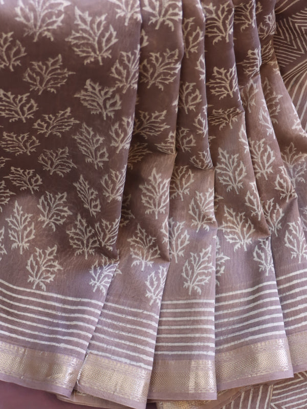 Handloom Maheshwari Silk Bagru Block Printed Saree-Dusky Pink