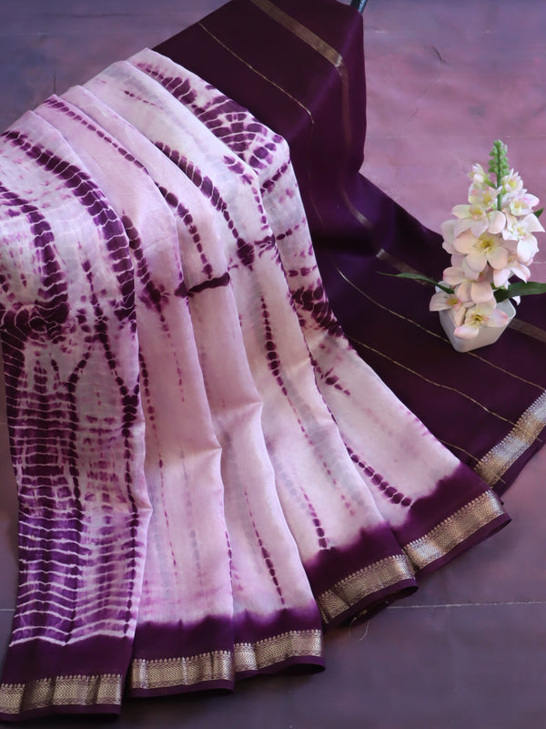 Handloom Maheshwari Silk Shibori Dye Saree-White & Violet