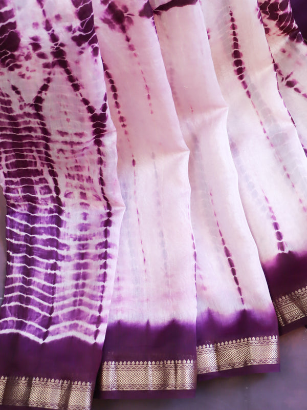 Handloom Maheshwari Silk Shibori Dye Saree-White & Violet