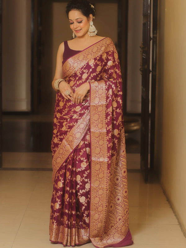 Banarasee Pure Chiffon Saree Zari Jaal Design-Violet