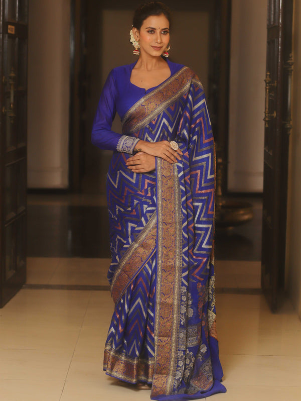 Banarasee Pure Chiffon Saree Zig-Zag Zari Design-Royal Blue