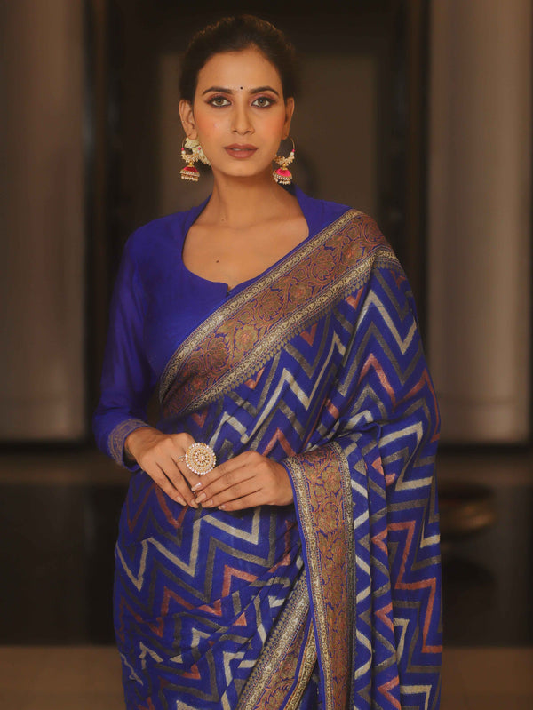 Banarasee Pure Chiffon Saree Zig-Zag Zari Design-Royal Blue