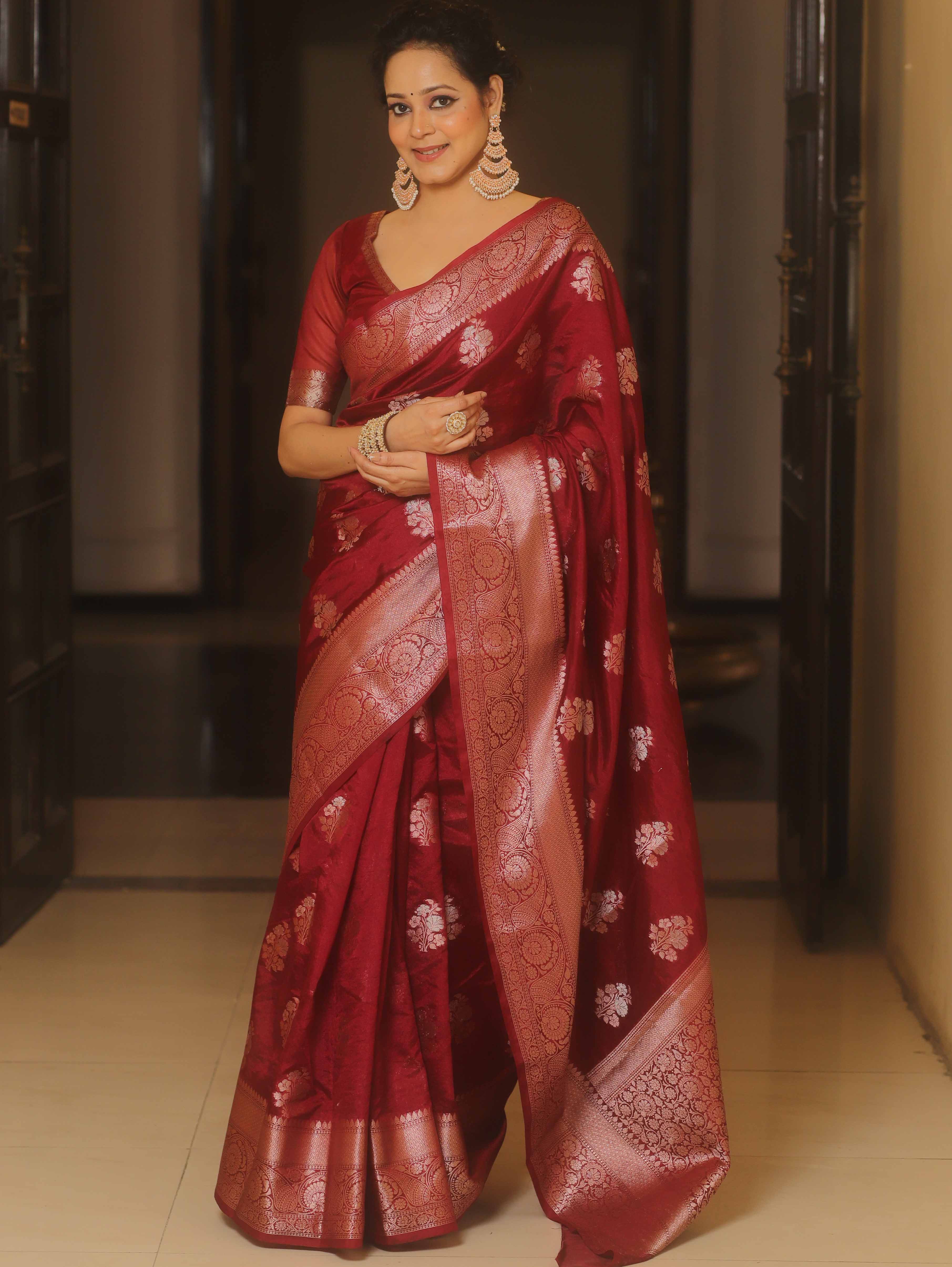 Banarasee Handwoven Semi Katan Saree Zari Border With Buta Design-Maroon