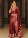 Banarasee Handwoven Semi Katan Saree Zari Border With Buta Design-Maroon