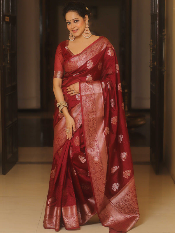 Banarasee Handwoven Semi Katan Saree Zari Border With Buta Design-Maroon