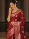 Banarasee Handwoven Semi Katan Saree Zari Border With Buta Design-Maroon