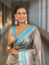 Banarasee Handwoven Plain Tissue Saree With Contrast Border-Grey & Blue