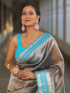 Banarasee Handwoven Plain Tissue Saree With Contrast Border-Grey & Blue